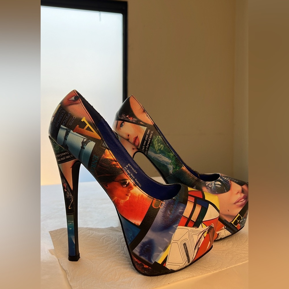 Sky high blue stiletto heels.